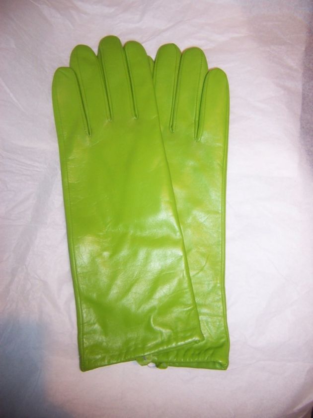 Lime Green long Cashmere lined Leather Gloves  