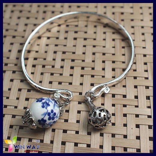 Cuff Porcelain Beads Tibet 925 Silver Bracelet Bangle  