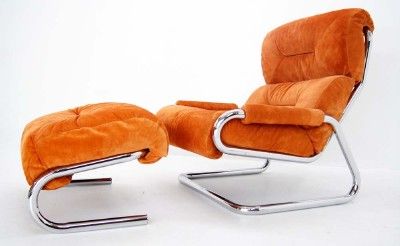 Mid Century Modern Tubular Chrome Suede Upholstery Lounge Chair 