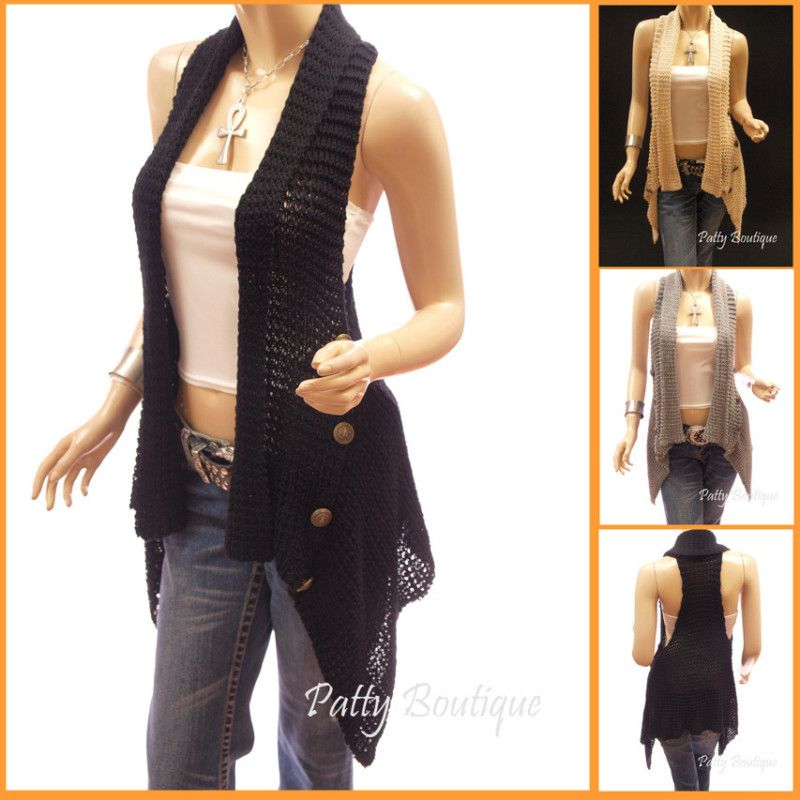 Unique Crochet Asym Hem Fold Neck Vest Cardigan Sweater  