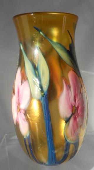 SPECTACULAR SIGNED CHARLES LOTTON MULTI FLORA PINK & AMBER VASE C 1980 