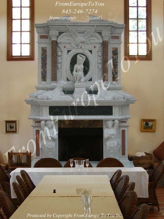 MONUMENTAL HAND CARVED FIGURAL MARBLE FIREPLACE MANTEL  