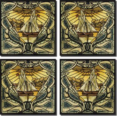 Art Nouveau Sailboat Nautical Ceramic Accent Tile Set  