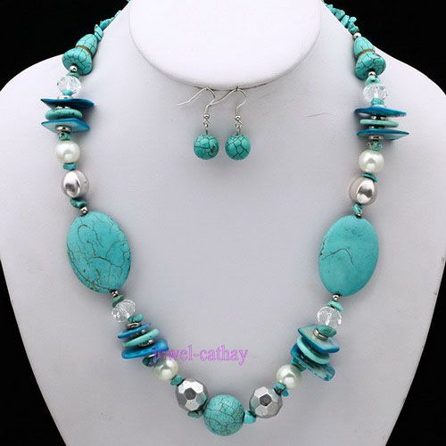 oval turquoise bead ABALONE chip pearl MOP necklace set  