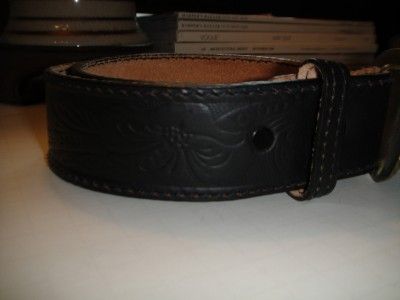 VINTAGE 1970S Black Leather HAND TOOLED BELT BOHO  