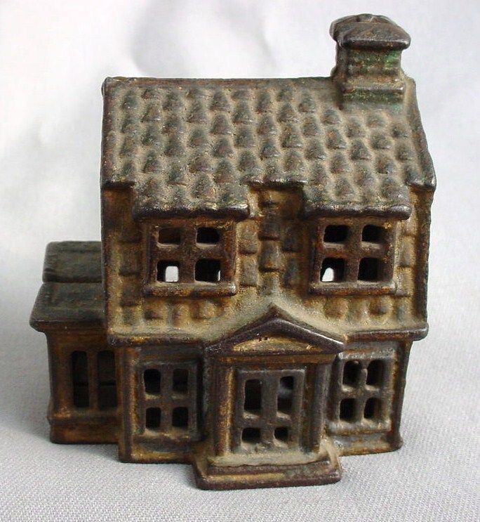 COLONIAL HOUSE W / PORCH ANTIQUE CAST IRON BANK CI782  