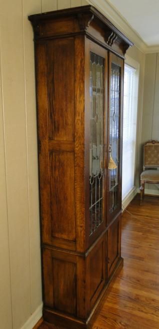 Antique French Bookcase Bookshelf~Library~Leaded Glass~Jacobean 