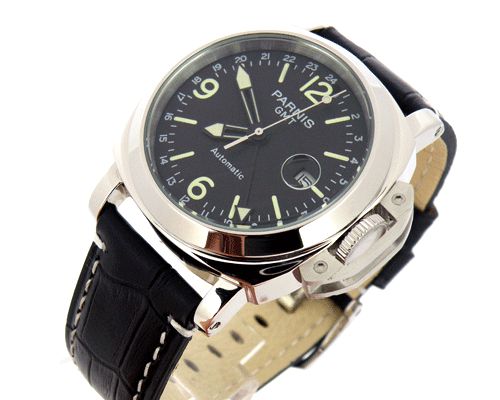 Parnis stainless steel case GMT II leatcher strap Automatic mens Watch 