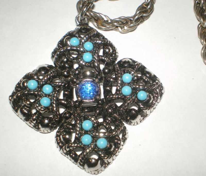 Vtg Avon Turquoise Cabochon Rhinestone CROSS Necklace  