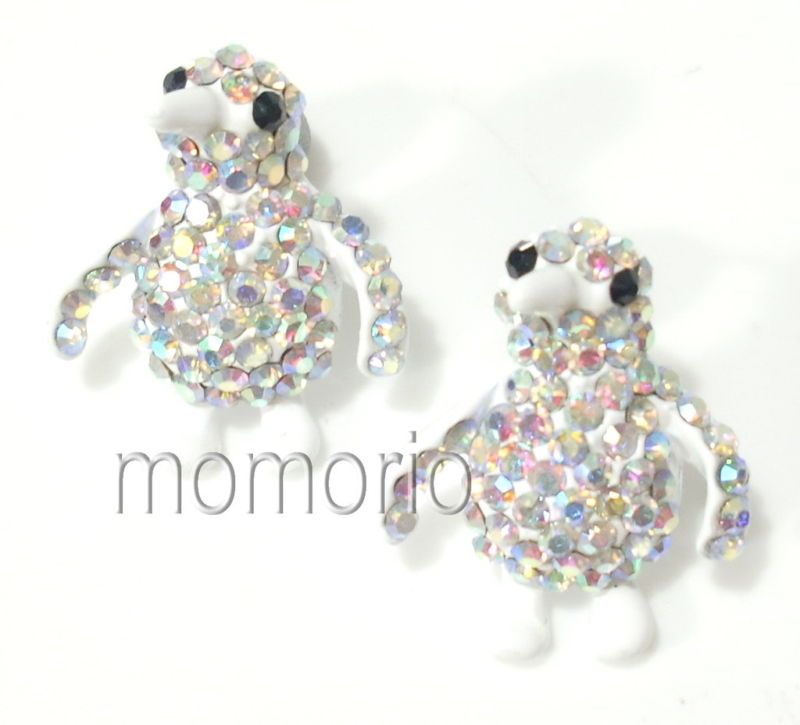 white ICE ab Penguin bird animal Crystal studs ear ring  