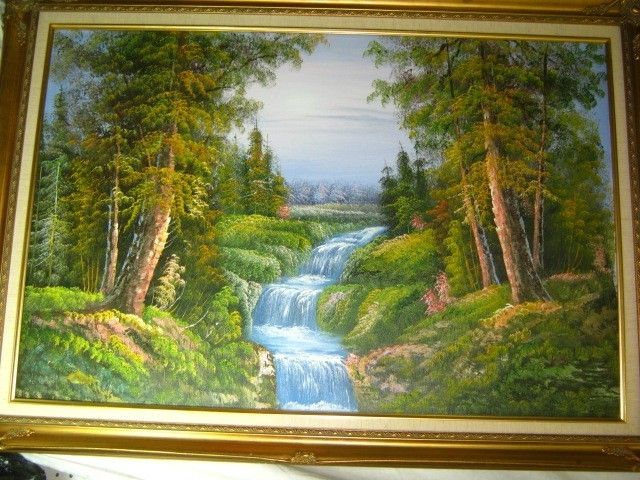 FRAMED OIL PAINTING PASTORAL WATERFALL SCENE 41 x 30  