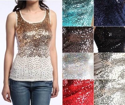 Dazzling SEXY Sequin Front Ribbed Tank Top Hand embellished Sleeveless 