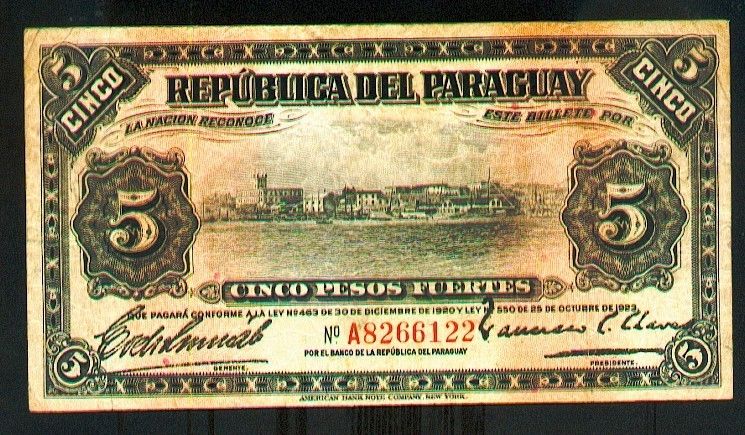 PARAGUAY 5 PESOS L. 1920 & 1923 PICK # 163 FINE  