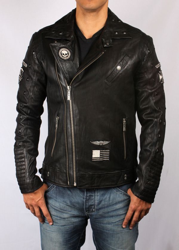   AMERICAN CUSTOMS REBORN BLACK LEATHER MOTO JACKET S M L XL XXL  