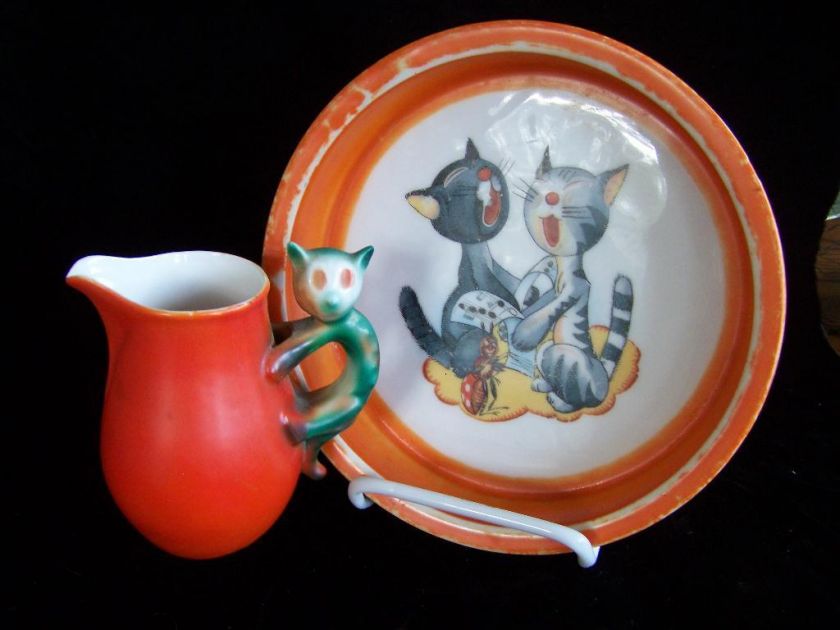 Volkstedt Germany Childs Cat Milk Pitcher & Bowl  