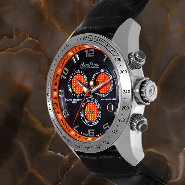 OMIKRON SWISS CHRONOGRAPH MULTI FUNCTION DAY & DATE ORANGE BLK NWT $ 