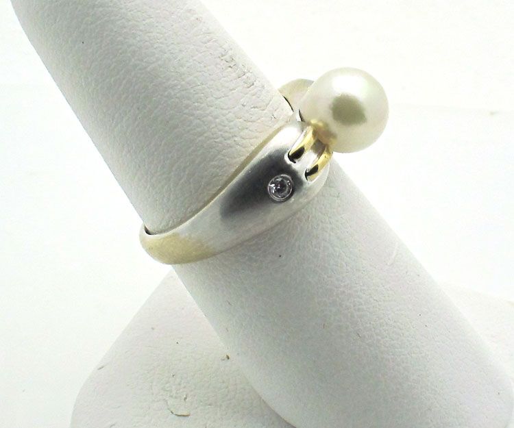 14k White Gold Genuine Pearl with Diamond Accent Ring  