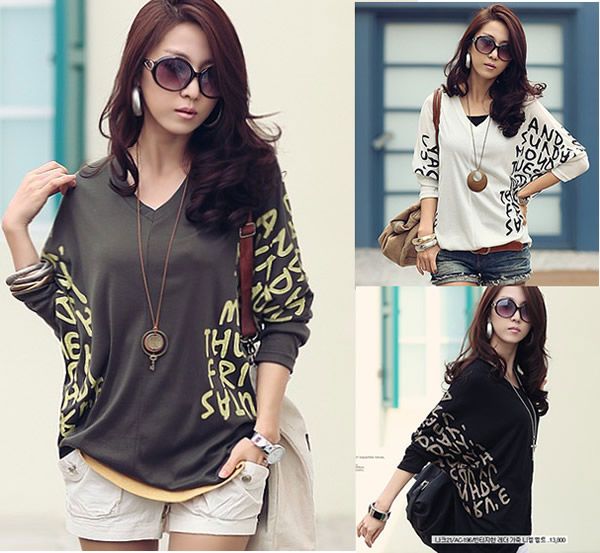 New Women V Neck Batwing Dolman Short Sleeve Letter Prints Tops 