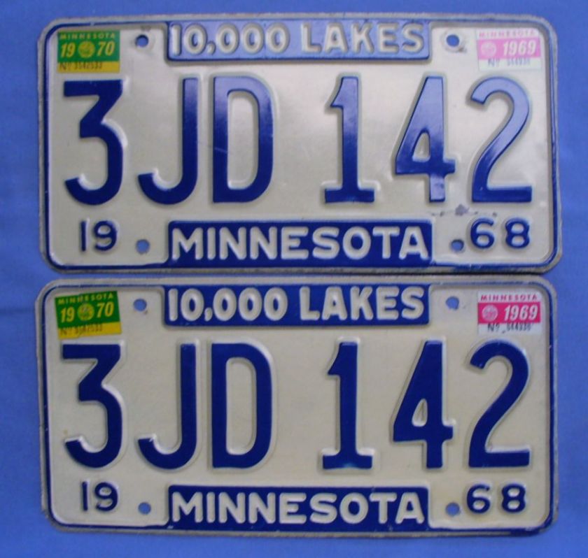 1968 1970 Minnesota License Plate Pair #3JD 142 Olds 442, Torino GT 