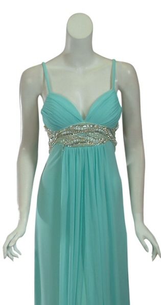 MARY L. COUTURE Angelic Rhinestone Aqua Fine Knit Evening Gown Dress 