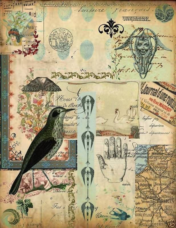 Bird & Hand ATC Collage Scrapbook Decoupage Background  