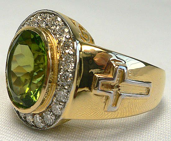 PERIDOT CHRISTIAN BISHOP YELLOW GOLD SILVER MENS RING  