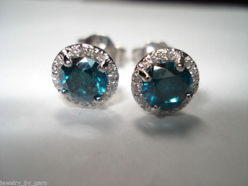 14 KARAT WG BLUE & WHITE DIAMOND STUD EARRINGS 1.50ct  