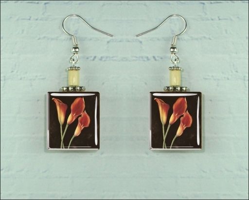 FLOWERS ORANGE CALLA LILLY SCRABBLE EARRINGS  