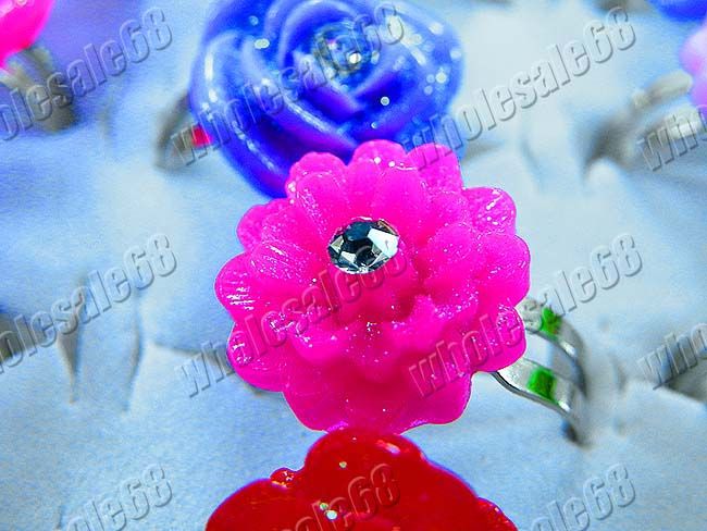 Wholesale 100pcs children resin&rhinestone flower rings  