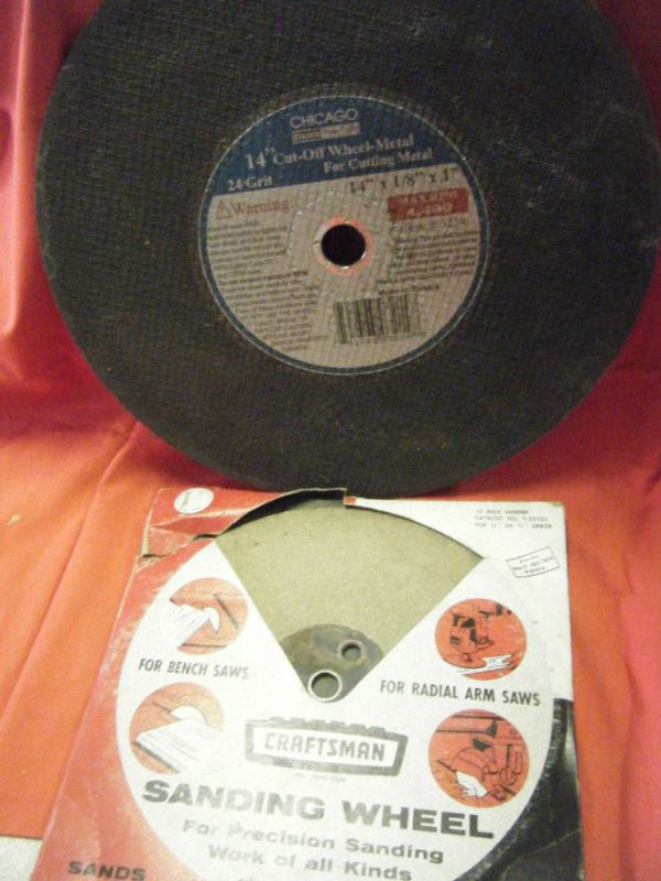 2pc lot 14 in chop saw cut off wheel 10in sanding wheel  