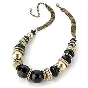 ANTIQUE GOLD JET BLACK BEAD CHUNKY BOHO NECKLACE UK NEW  