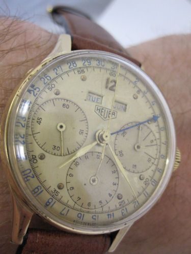   18K Y/GOLD TRIPLE CALENDAR CHRONOGRAPH DAY DATE WATCH WORKING  