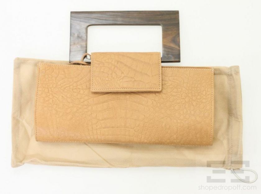 Zina Eva Saddle Brown Croc Deerskin Leather & Wood Ellie Clutch NEW 