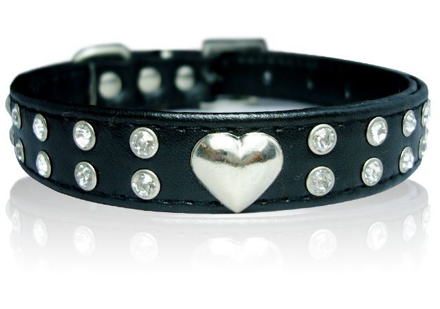 11 14 Black Leather 28 Rhinestone Dog Collar Small  