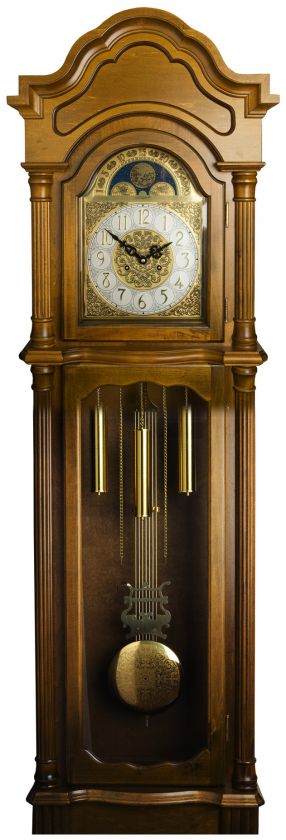   grandfather clock crafted in hardwood solids and veneers pediment