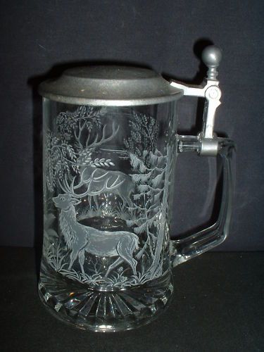 WEST GERMANY@BEER STEIN@ALWE@GLASS/PEWTER@ETCHED DEER@  