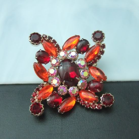 Deep Orange Red Eruption Vintage Rhinestone Brooch Pin  