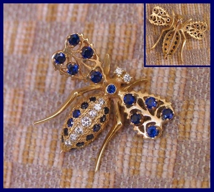 ESTATE LARGE 1.66ct SAPPHIRE & DIAMOND BEE BROOCH (14k YELLOW GOLD 