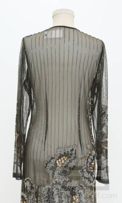 Designer Black Mesh & Gold Beaded Long Dress Size 8  