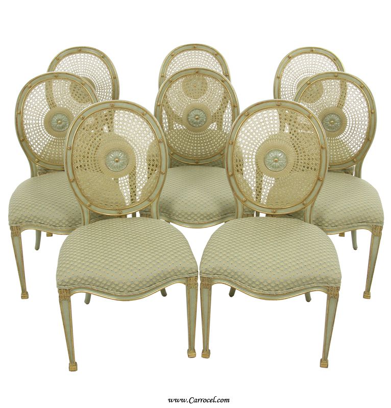   Hepplewhite Italian Made Cane Back Dining Chairs with Verdigris Finish