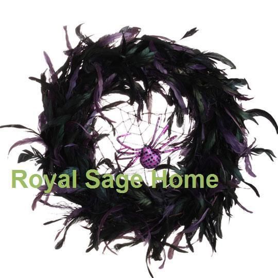 RAZ 20 Halloween Feather Wreath Black Purple w/Spider  