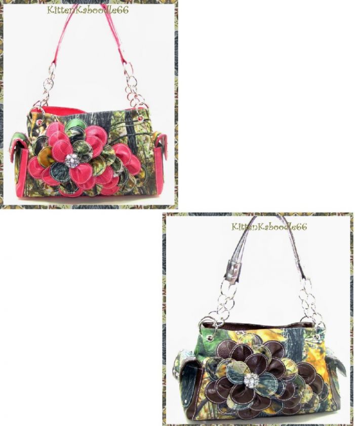   CAMOUFLAGE MOSSY OAK 3D RHINESTONE FLOWER SATCHEL PURSE HANDBAG  