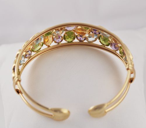   Stunning 14k Gold Citrine, Amethyst, Topaz, and Peridot Cuff Bracelet