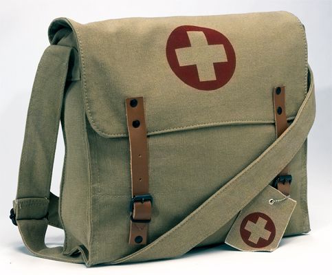 KHAKI VINTAGE STYLE MEDIC BAG WITH RED CROSS 12 1/2X11X 3 1/2 