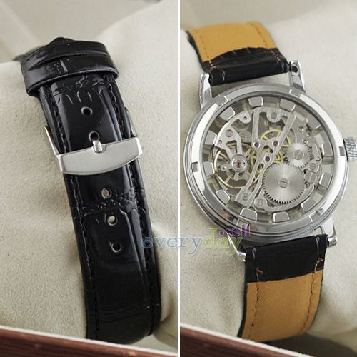   Steel Skeleton Manual Mechanical Watches Blue/W Ctystal Leather  